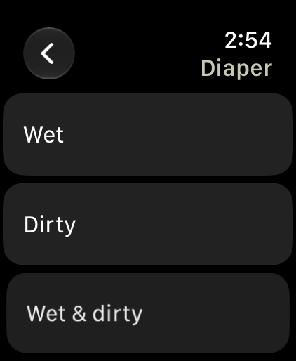 The Diaper screen: Wet, Dirty, or Wet and dirty.