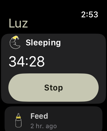 Gaia on Apple Watch, showing Luz sleeping for 34 minutes with a Stop button, and the last feed two hours ago.